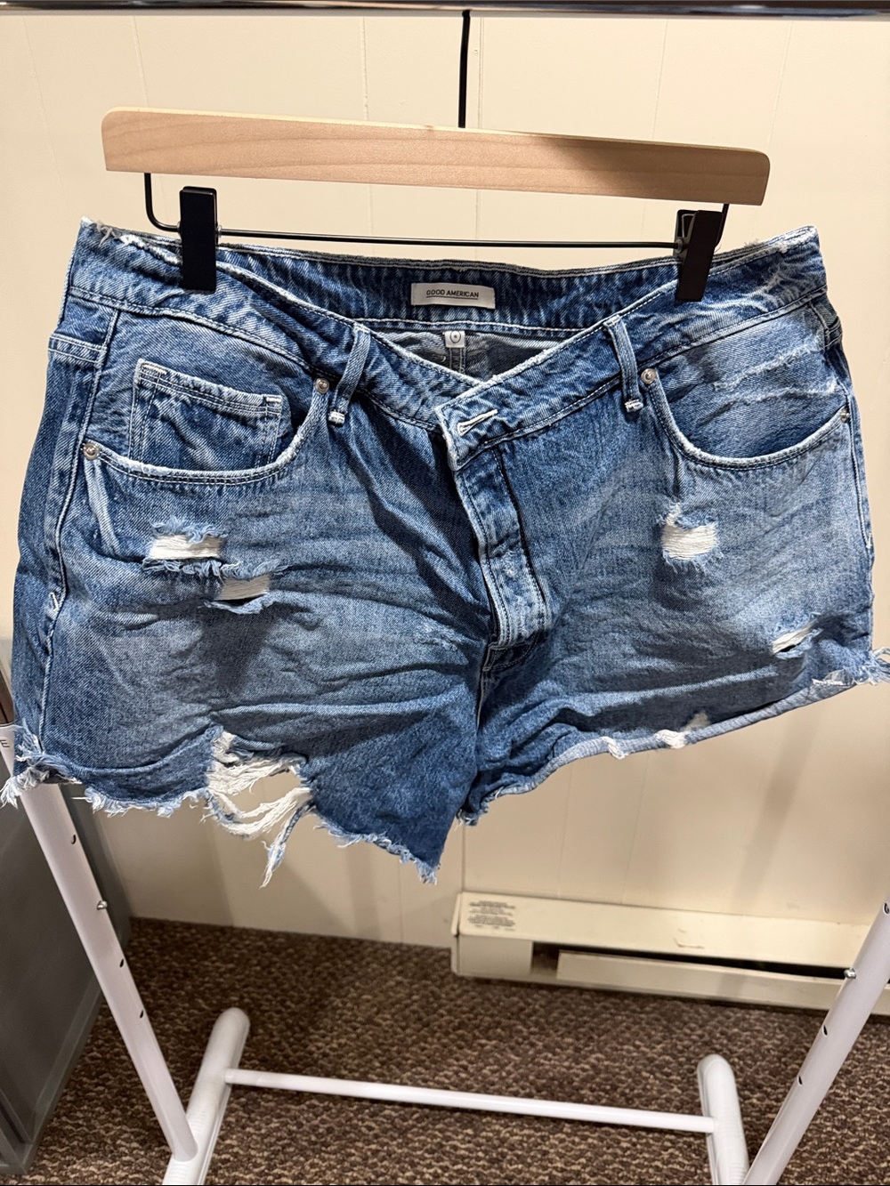 Good American Medium Blue Ripped Denim Cutoff Shorts
